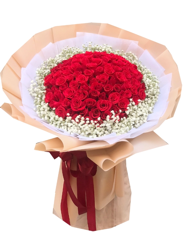 A Bouquet of 100 Orange Roses with Green color leaves